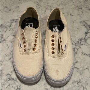 Vans Cream Slip-On Sneakers with Gold Studs